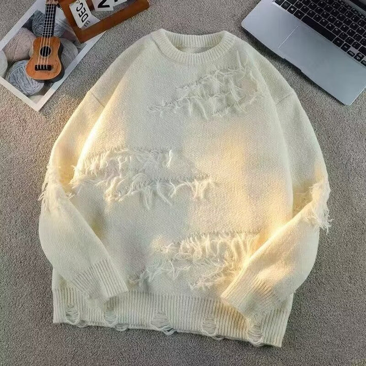 Unisex Oversized Rundhalspullover mit Destroy‑Fransen und geripptem Kragen Echoarchiv
