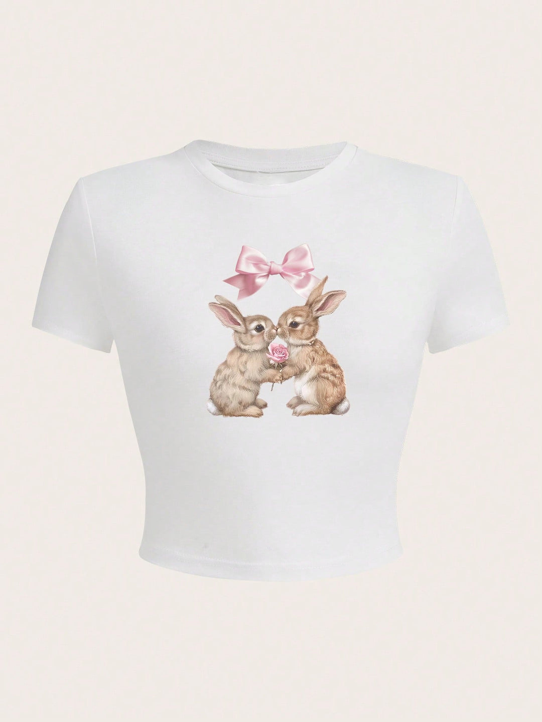 Damen Crop-Top mit entzückendem Kaninchenmotiv und Schleifendruck Echo Archiv