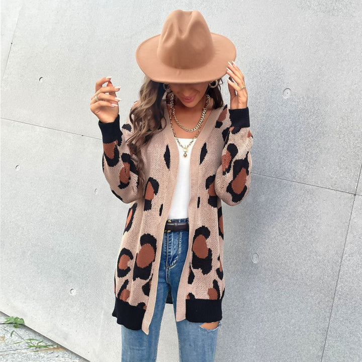 Damen Longline Cardigan im Leo-Jacquard mit offener Front und Rippbündchen – Veloura