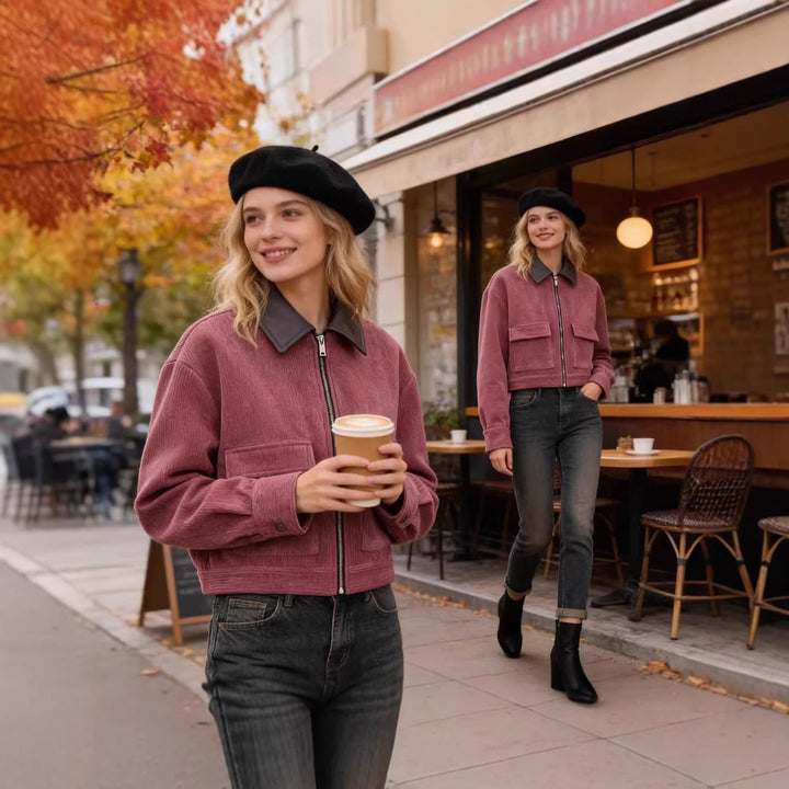 Damen Kurze Cordjacke im Blousonstil mit Lederkragen und aufgesetzten Klappentaschen Echo Archiv