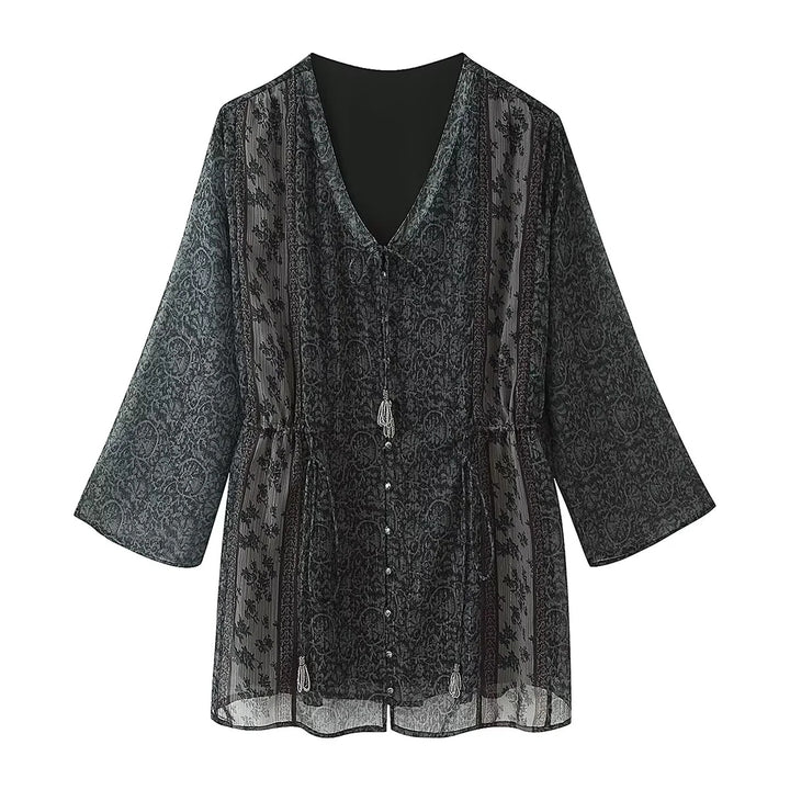 Damen transparente Paisley-Chiffon-Tunika mit V-Ausschnitt, Kordelzug und Perlendetail – Avérine