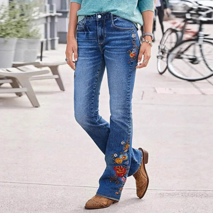 Damen bestickte Bootcut-Jeans mit hoher Taille und leichtem Stretch Echo Archiv