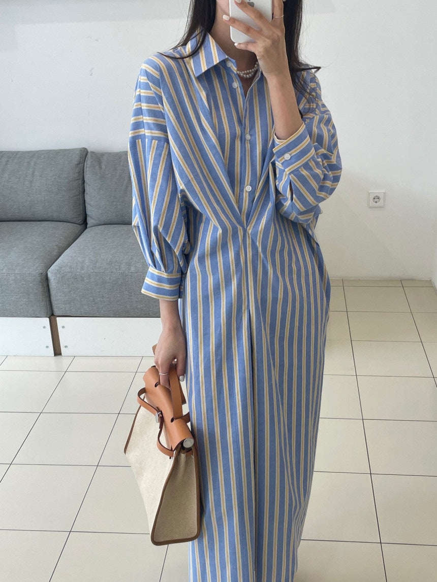 Damen Gestreiftes Hemdblusenkleid Maxi mit verdeckter Knopfleiste und Seitentaschen Echoarchiv