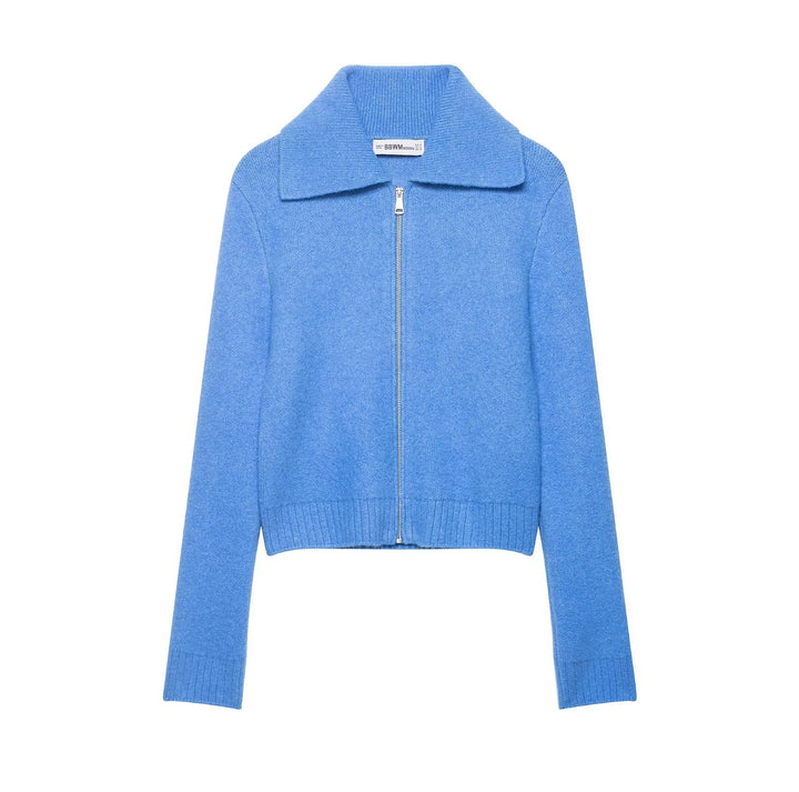 Damen Kurze Strickjacke mit Reißverschluss, weitem Polokragen und geripptem Saum Echoarchiv