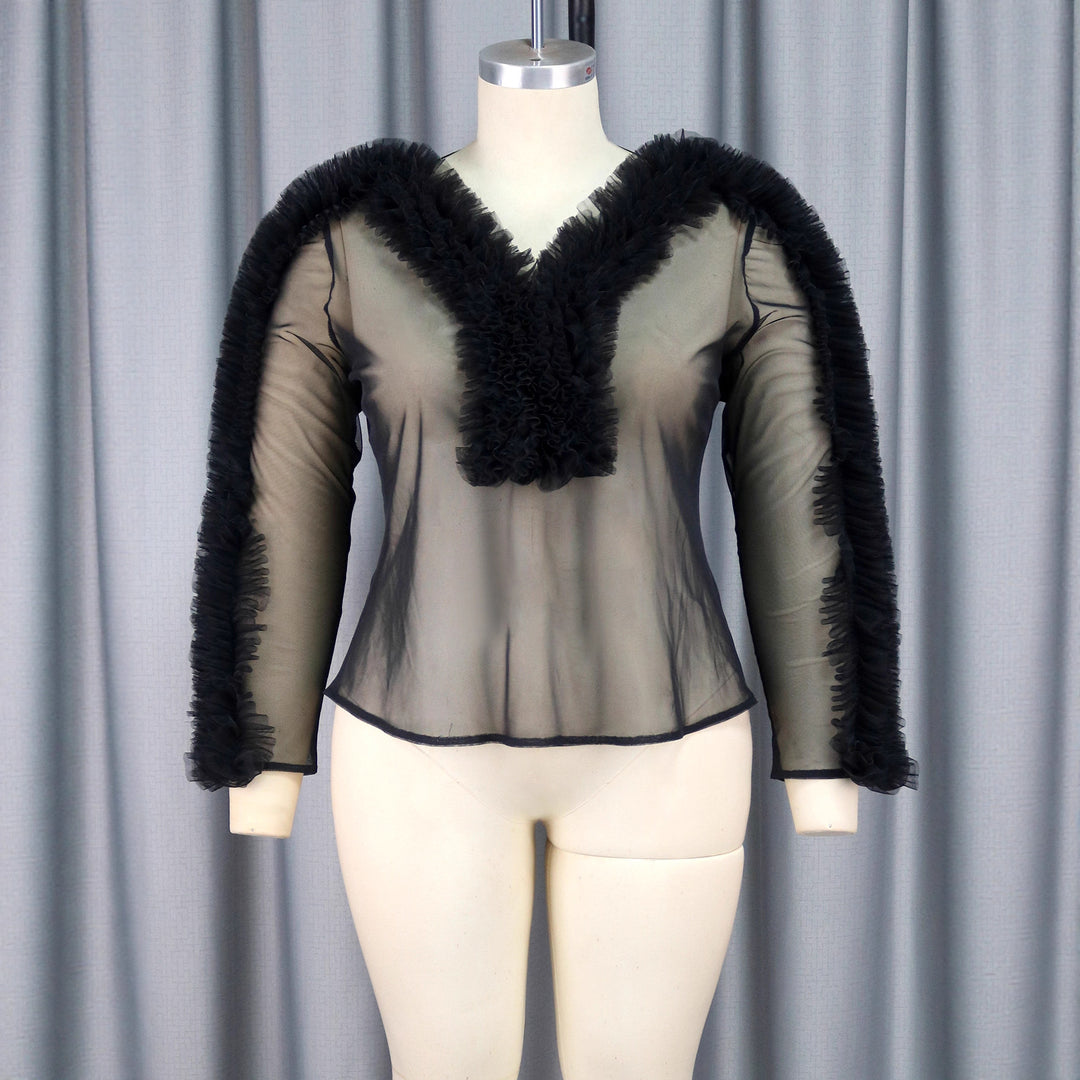 Damen transparente Bluse mit voluminösen Rüschen Echo Archiv
