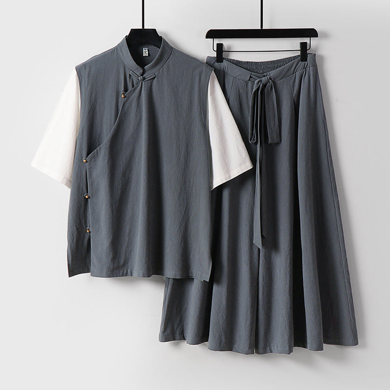 Damen Zweiteiliges Kimono-Loungewear-Set aus Leinenmischung mit Stehkragen asymmetrischer Knopfleiste und weitem Palazzo-Hosenrock Echoarchiv