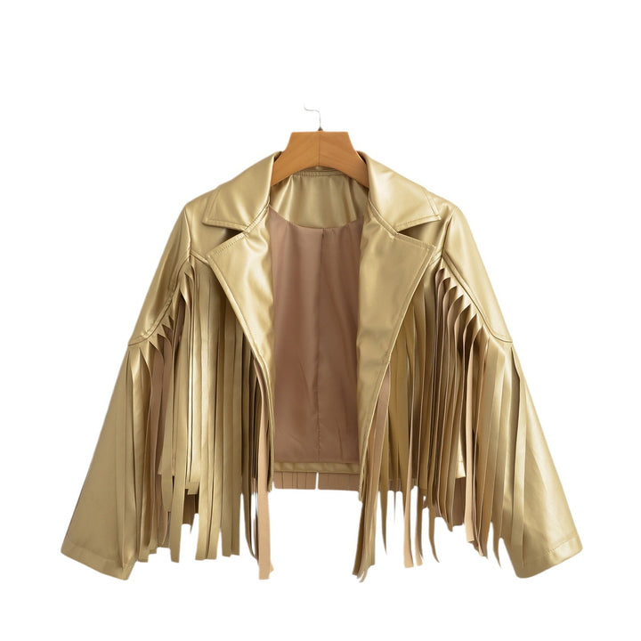 Damen Kurzjacke im Bikerstil mit Metallic‑Optik und langen Lederfransen Echo Archiv