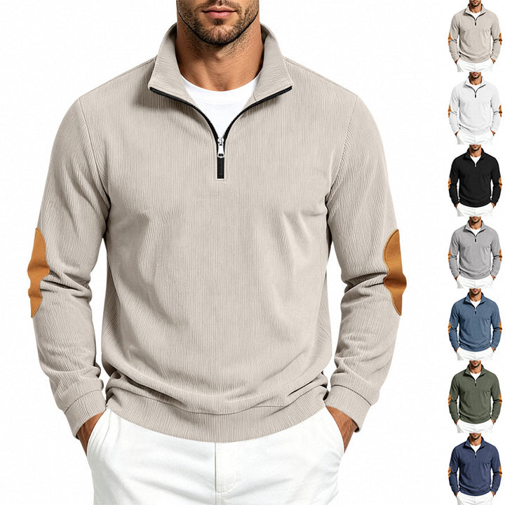 Herren Leichter Struktur-Halbzip-Pullover mit Cord‑Ellbogenpatches und Stehkragen Echoarchiv