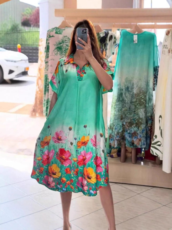 Damen nan leichtes Hemdblusenkleid mit floralem Bordürenprint, offenem V‑Ausschnitt und Einschubtaschen Echo Archiv