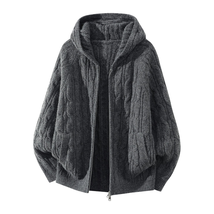 Damen Oversize Kapuzen-Strickjacke mit Zopfmuster und teilbarem Reißverschluss Echoarchiv