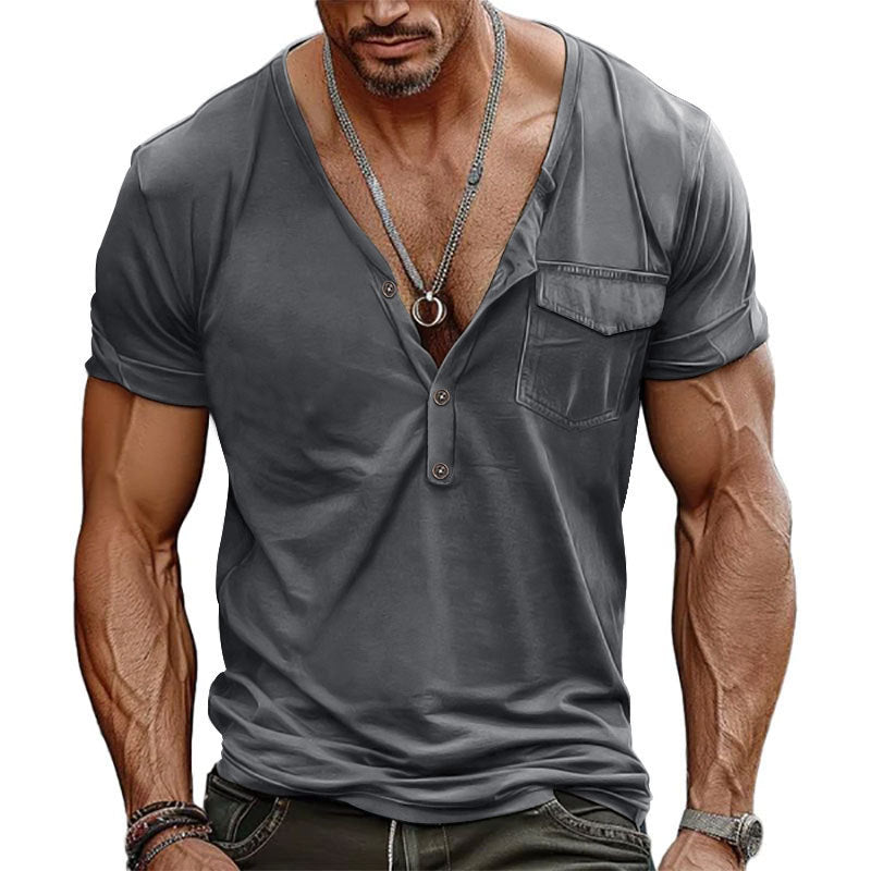 Herren lässiges V-Ausschnitt Henley T-Shirt mit praktischer Brusttasche Echoarchiv