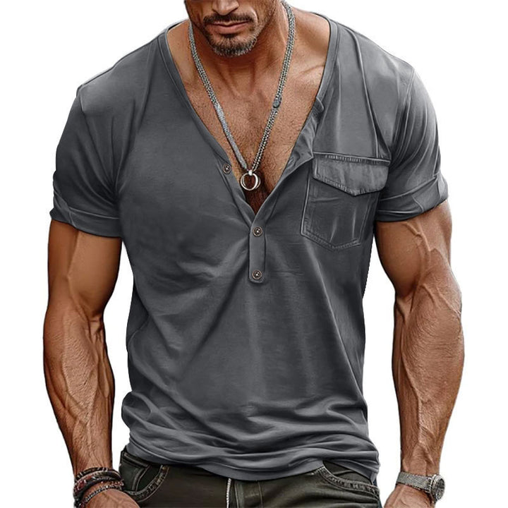 Herren lässiges V-Ausschnitt Henley T-Shirt mit praktischer Brusttasche Echoarchiv