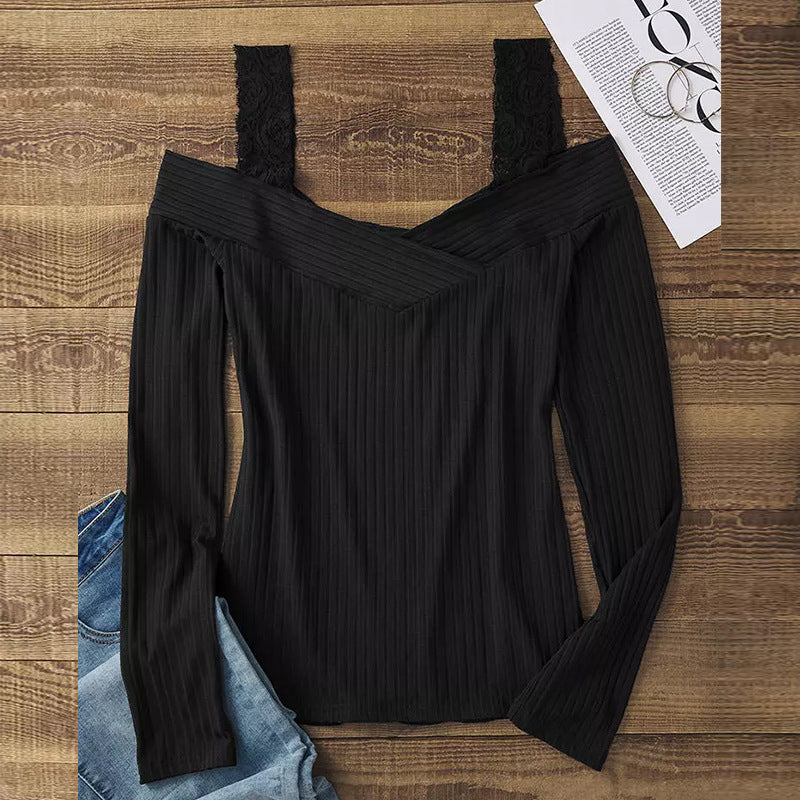 Damen Schulterfreies Langarmshirt mit V-Ausschnitt und Spitzen-Trägern – Avérine
