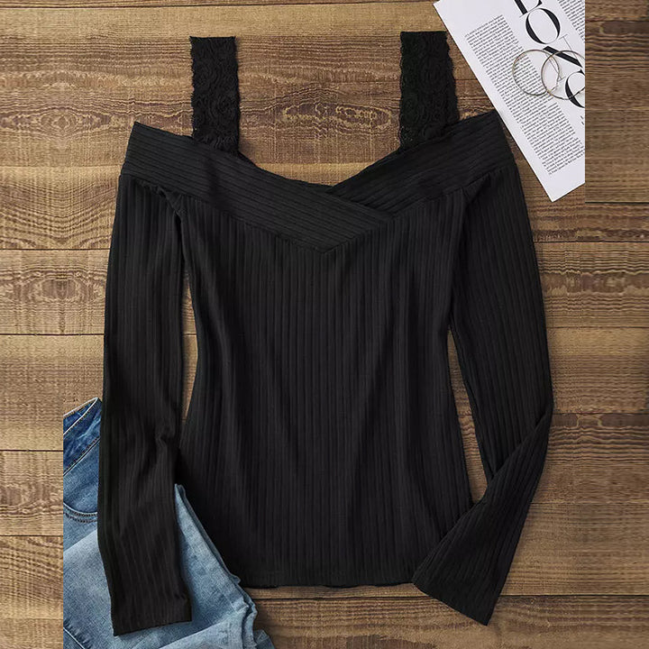 Damen Schulterfreies Langarmshirt mit V-Ausschnitt und Spitzen-Trägern – Avérine