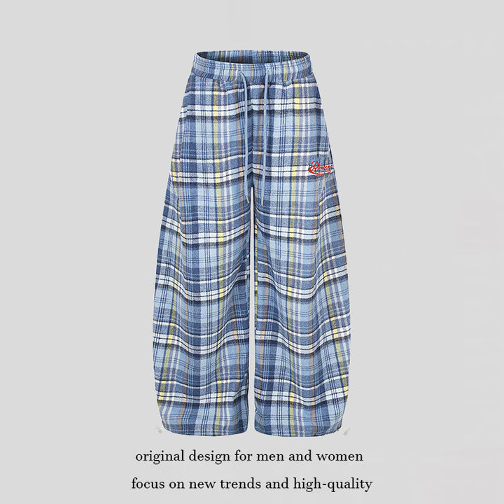 Damen Weite Karierte Palazzo-Loungehose mit hohem Komfortbund und Saumkordel Echoarchiv