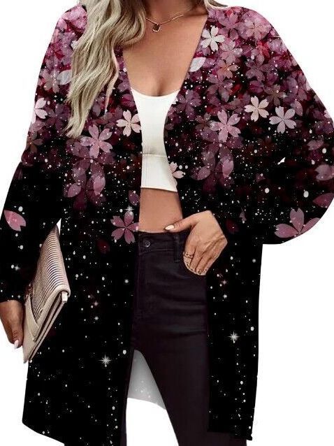 Damen Leichter Offener Longcardigan mit Federmotiv und Oversize-Ärmeln – Veloura