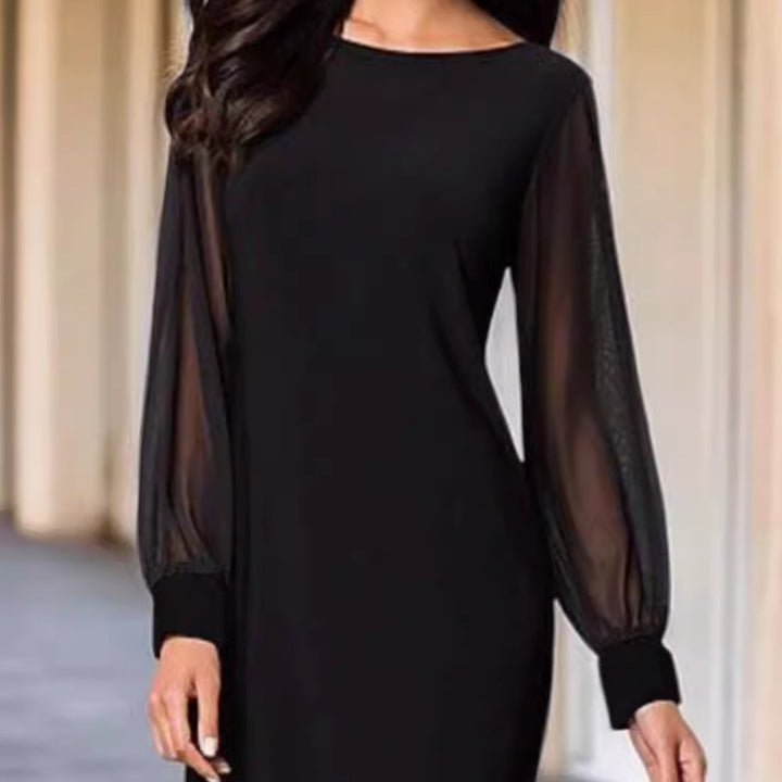 Damen nan elegantes Etuikleid mit transparenten Chiffon-Ärmeln, Rundhalsausschnitt und taillierter Silhouette Echo Archiv