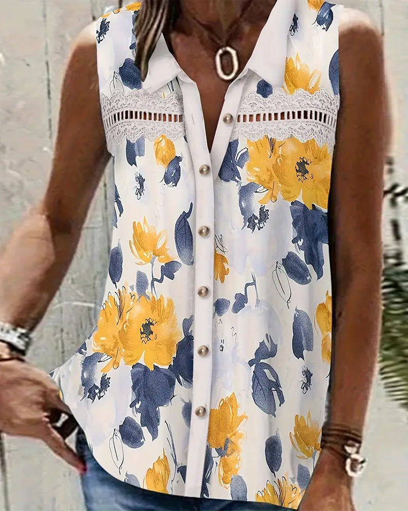 Damen nan Seidenimitat-Buttondown-Top mit Spitzenpasse und Perlenknopfleiste Echo Archiv