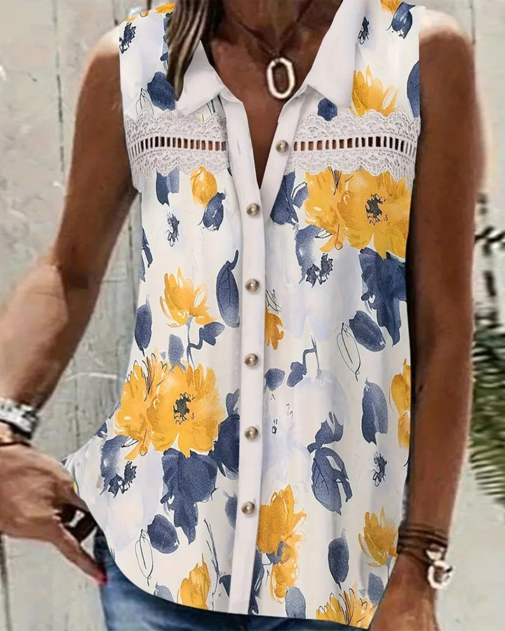 Damen nan Seidenimitat-Buttondown-Top mit Spitzenpasse und Perlenknopfleiste Echo Archiv