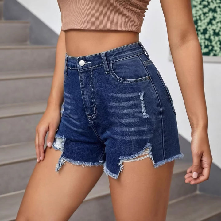 Damen lässige Destroyed Jeansshorts mit hohem Bund und fransigen Abschlüssen Echo Archiv