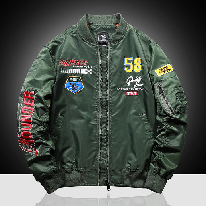 Herren Bomberjacke im Vintage‑Motorsport‑Look mit Ärmel‑Utilitytasche und Patch‑Applikationen – Brevano