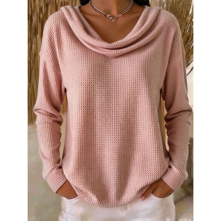 Damen Lässiger Waffelstrick-Pullover mit weitem Wasserfallkragen und gerundetem Saum Echoarchiv
