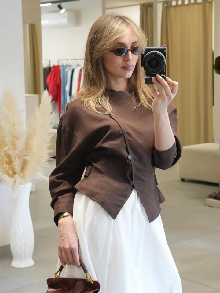 Damen Asymmetrische taillierte Bluse mit diagonaler Knopfleiste Echoarchiv