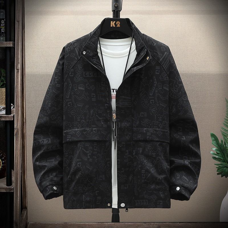 Herren leichte Overshirt-Utility-Jacke mit Allover-Print, Stehkragen & verdecktem Reißverschluss Echoarchiv