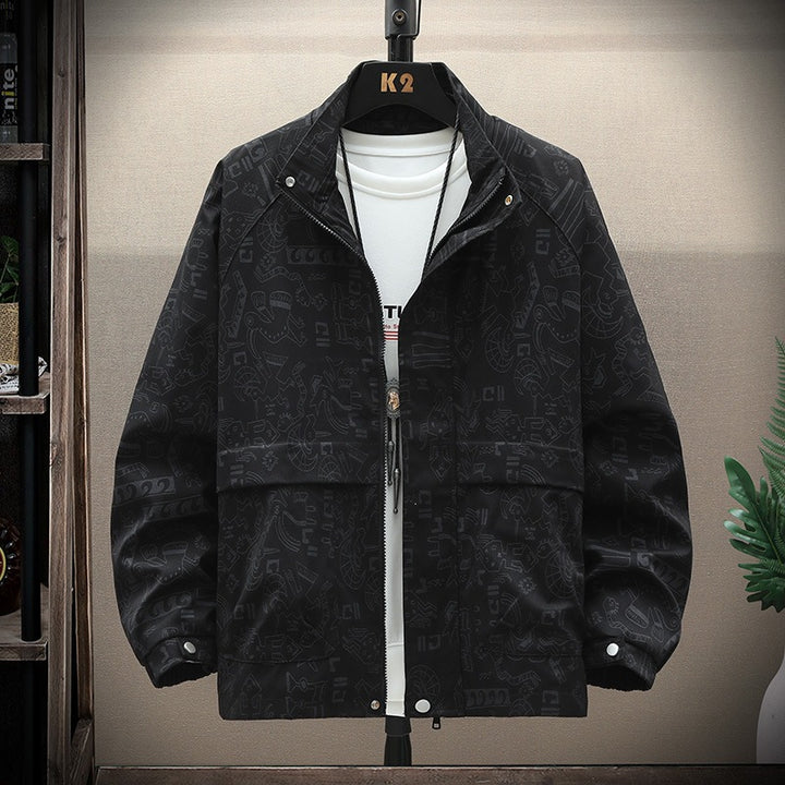 Herren leichte Overshirt-Utility-Jacke mit Allover-Print, Stehkragen & verdecktem Reißverschluss Echoarchiv