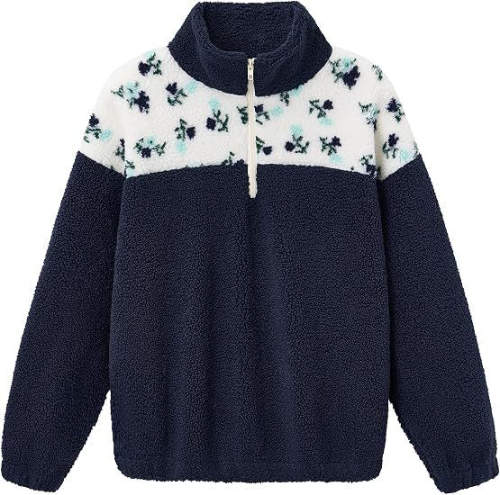 Damen Teddy-Fleece-Pullover mit Stehkragen, floralem Besatz und halbem Reißverschluss Echoarchiv