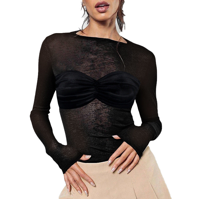Damen Transparentes Mesh-Crop-Top mit langen Ärmeln und geraffter Bustier-Optik – Avérine