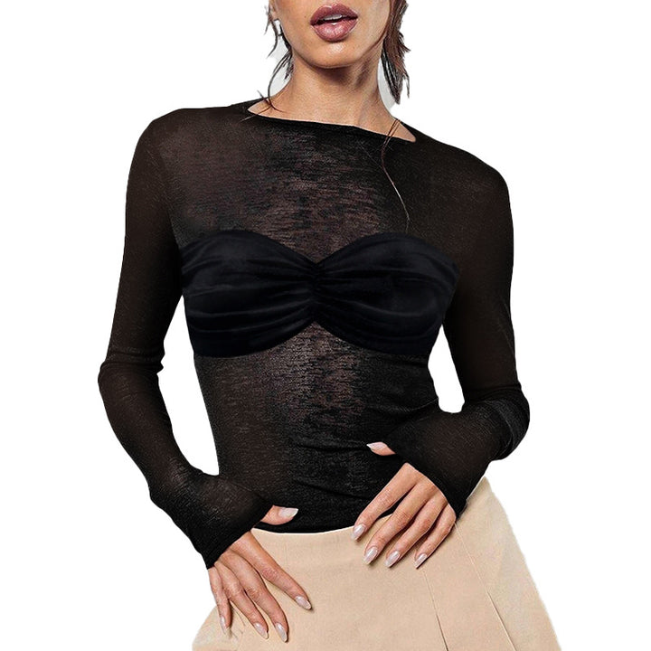 Damen Transparentes Mesh-Crop-Top mit langen Ärmeln und geraffter Bustier-Optik – Avérine