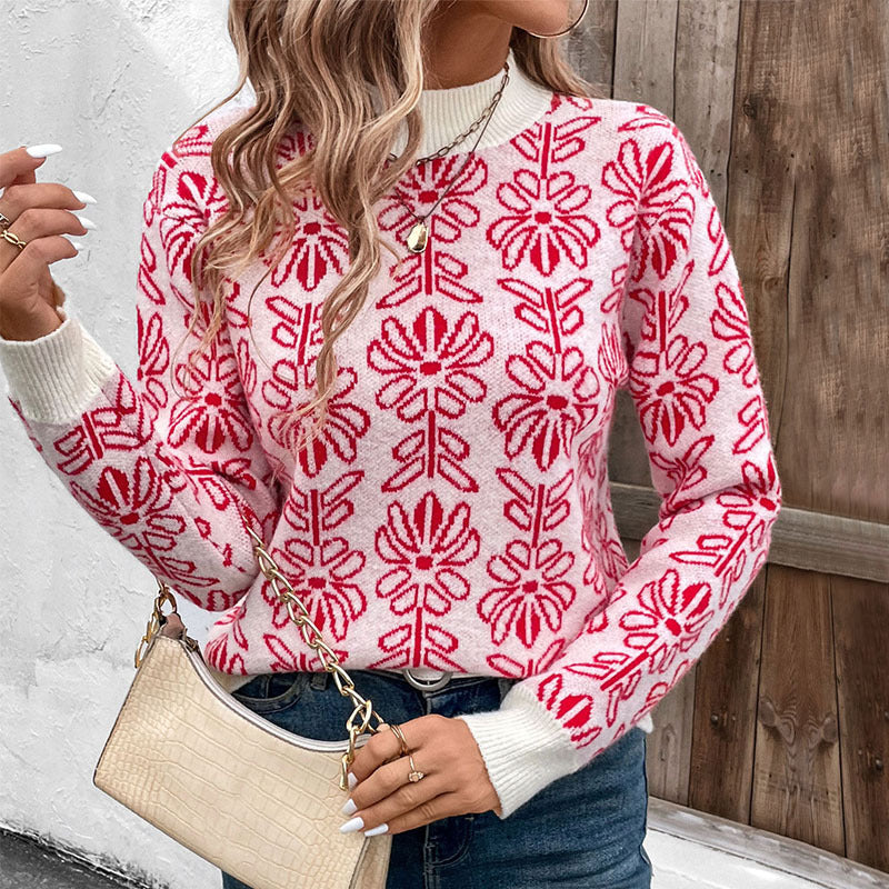 Damen GEchoarchivlümter Jacquard-Strickpullover mit Rundhalsausschnitt und gerippten Bündchen Echoarchiv