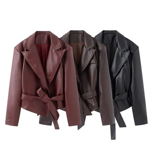 Damen Taillierte Kunstlederjacke mit Schalkragen und Bindegürtel Echo Archiv