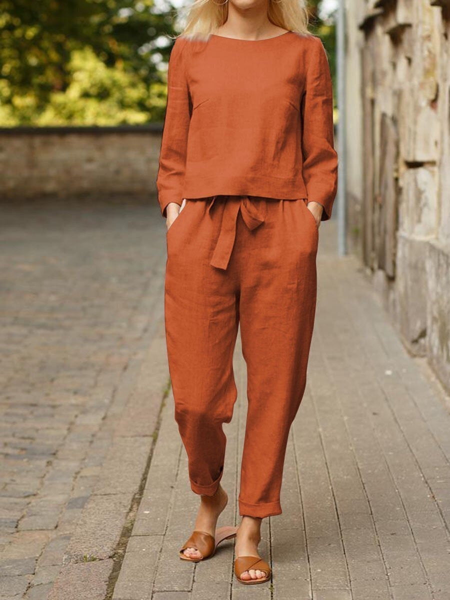 Damen Lässiges Leinen-Loungewear-Set mit Rundhalsausschnitt, Bindegürtel und knöchellanger Hose – Élanora