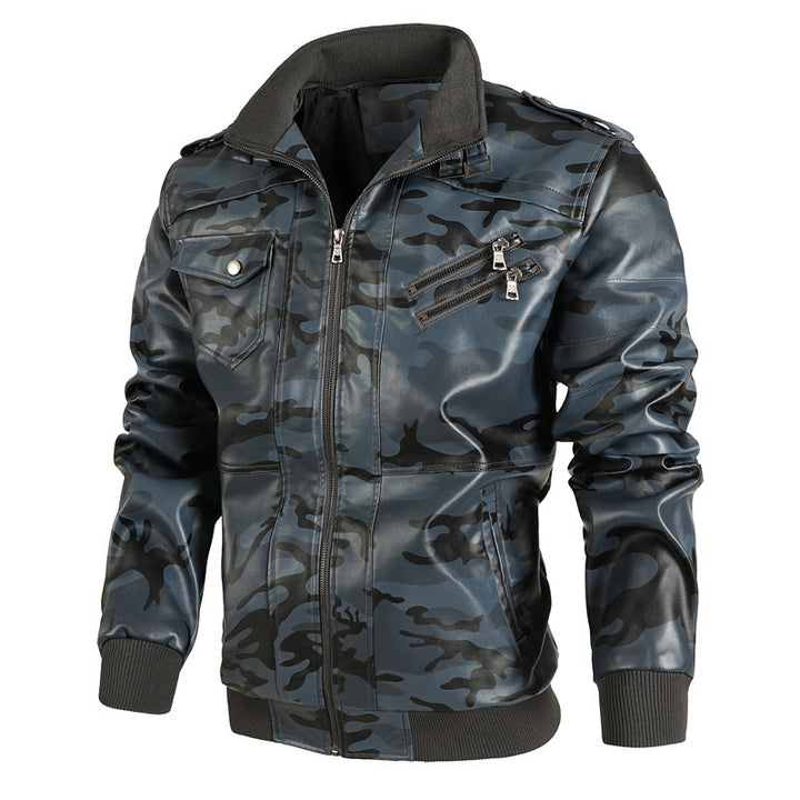Herren Camouflage Kunstleder-Bomberjacke mit Reißverschluss-Brusttaschen und Rippbündchen – Brevano
