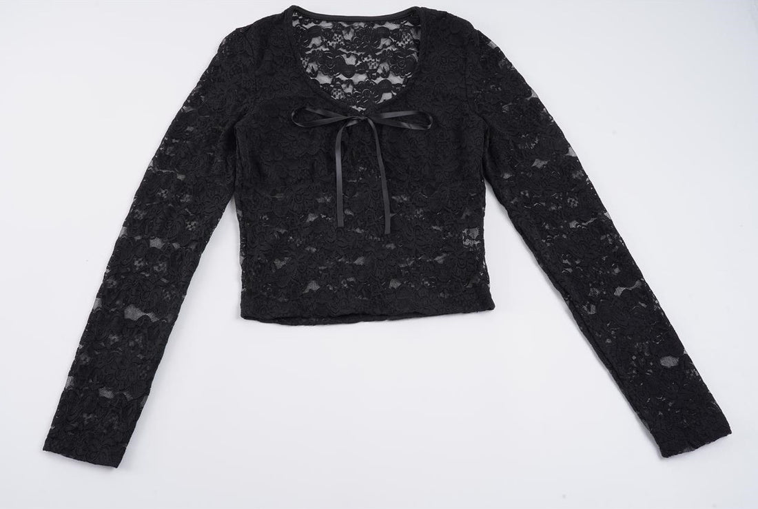 Damen Transparentes Spitzen-Cropped-Top mit langen Ärmeln und Satinschleife – Orélia