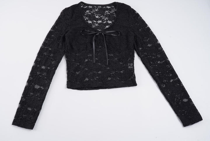 Damen Transparentes Spitzen-Cropped-Top mit langen Ärmeln und Satinschleife – Orélia