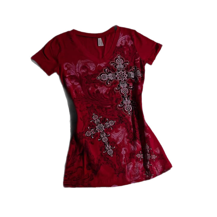 Damen T-Shirt mit dekorativem Kreuzdesign und floralen Akzenten Echo Archiv
