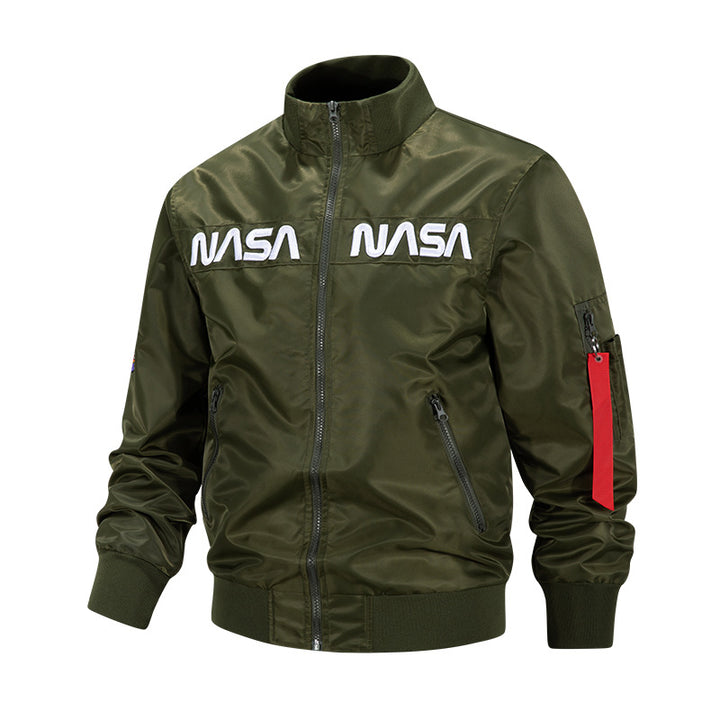 Men's metallic pilot-style zip-up bomber jacket with embroidered chest panels and angled zip hand pockets – Brevano