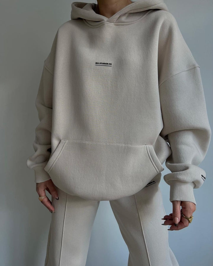 Damen Set Schwere French‑Terry Oversize‑Kapuzenpullover mit Kängurutasche und Slim‑Jogginghose Echoarchiv