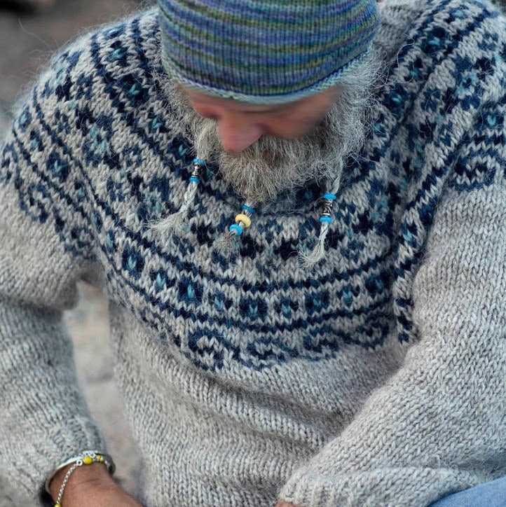 Damen nan melierter Rundhalsausschnittpullover mit kreisförmigem Jacquard-Yoke und geripptem Saum Echo Archiv