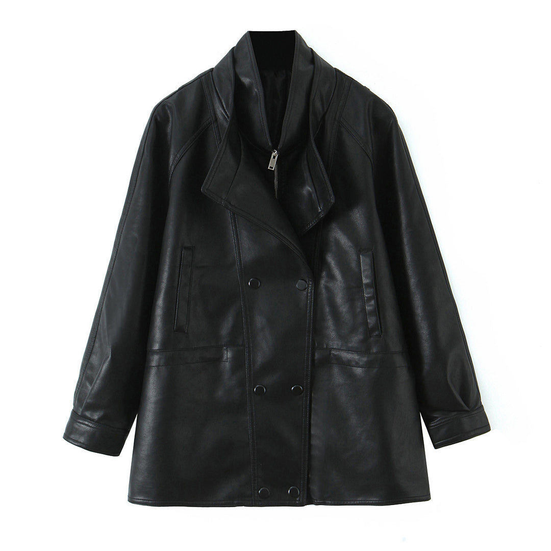 Damen Oversized Kunstlederjacke mit hohem Stehkragen und doppelreihiger Knopfleiste Echo Archiv