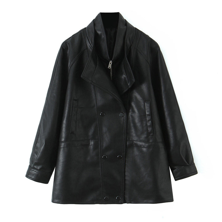 Damen Oversized Kunstlederjacke mit hohem Stehkragen und doppelreihiger Knopfleiste Echo Archiv