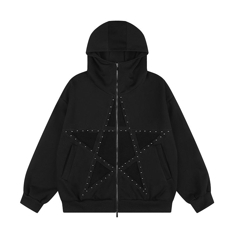 Damen Oversize Kapuzen-Zipjacke mit Nieten-Sternmotiv und hohem Kragen Echoarchiv
