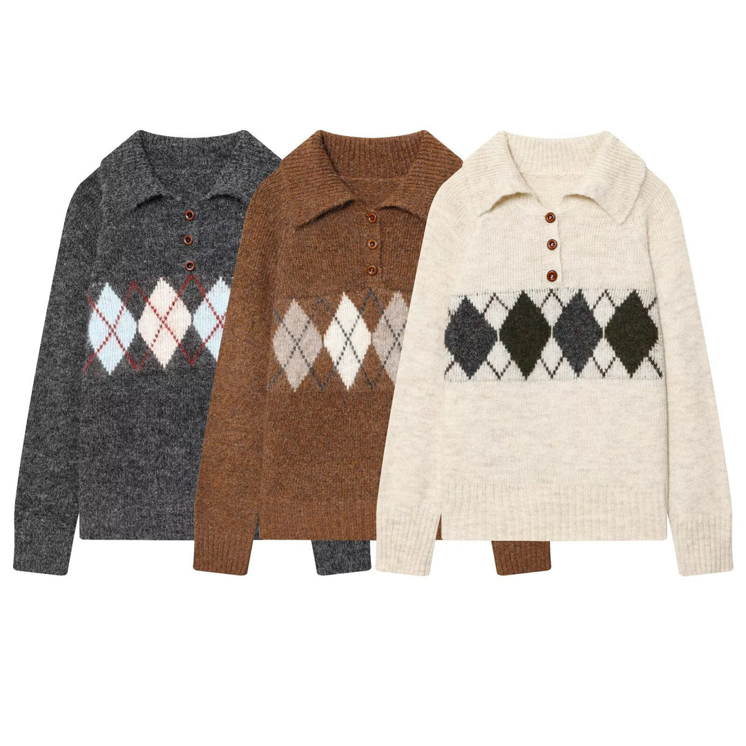 Damen Grobgestrickter Pullover mit Polokragen, 3‑Knopf‑Leiste und Argyle‑Dekor Echo Archiv