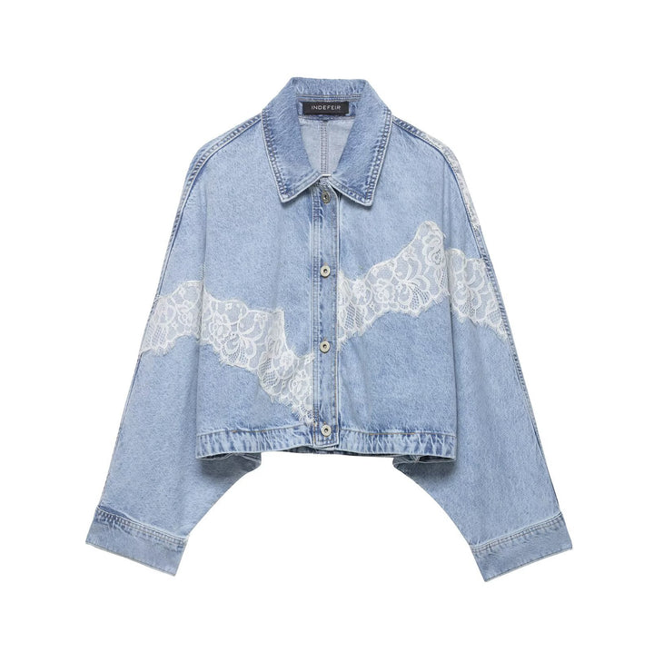 Damen Kurz geschnittene Oversize-Jeansjacke mit Spitzendetail und Fledermausärmeln Echo Archiv