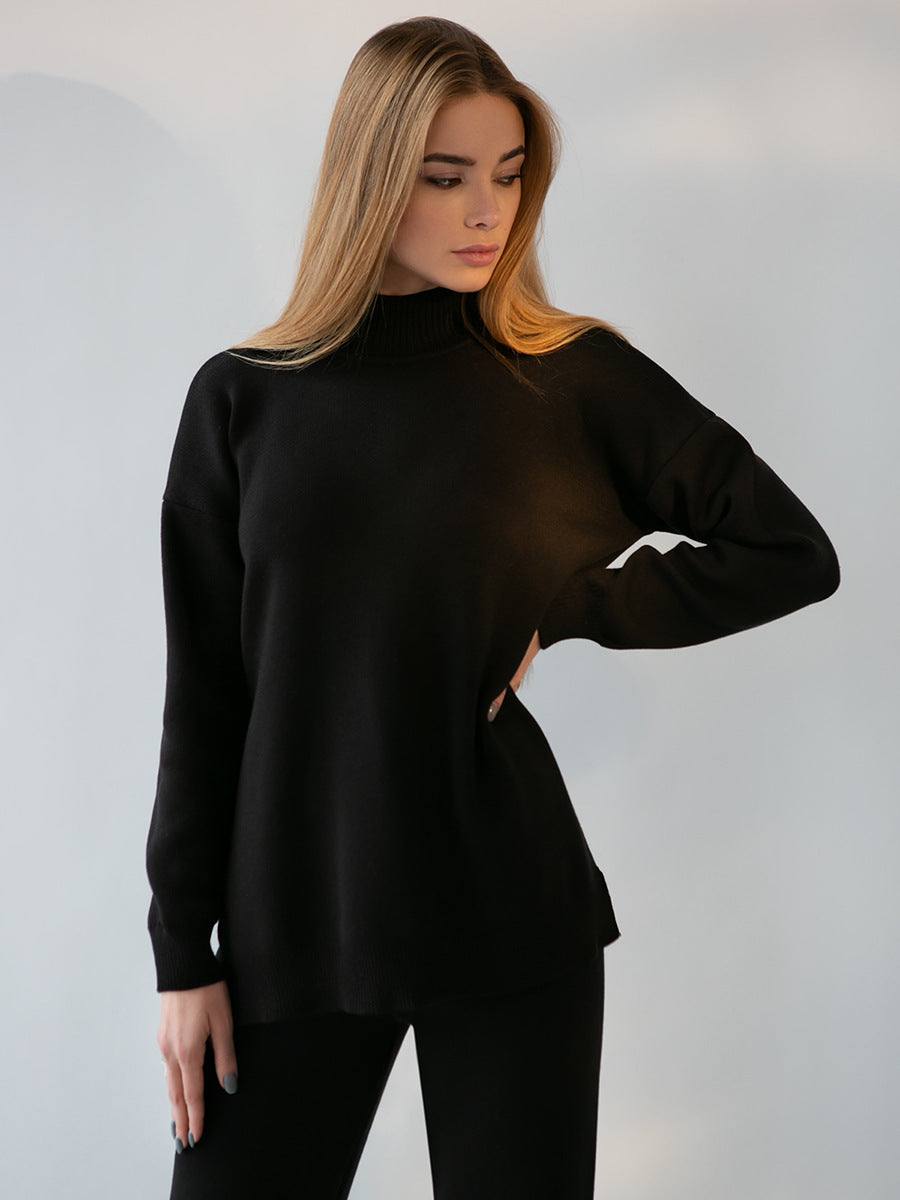 Damen weicher Strickanzug mit hohem Kragen und geradem Schnitt Echoarchiv