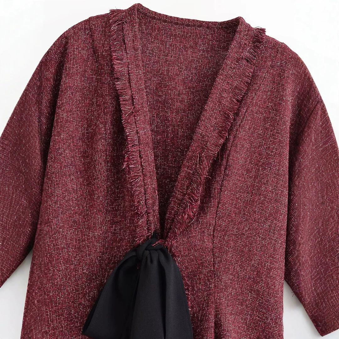 Damen Tweed-Kimonojacke mit Fransenbesatz und dekorativem Bindeschal Echo Archiv