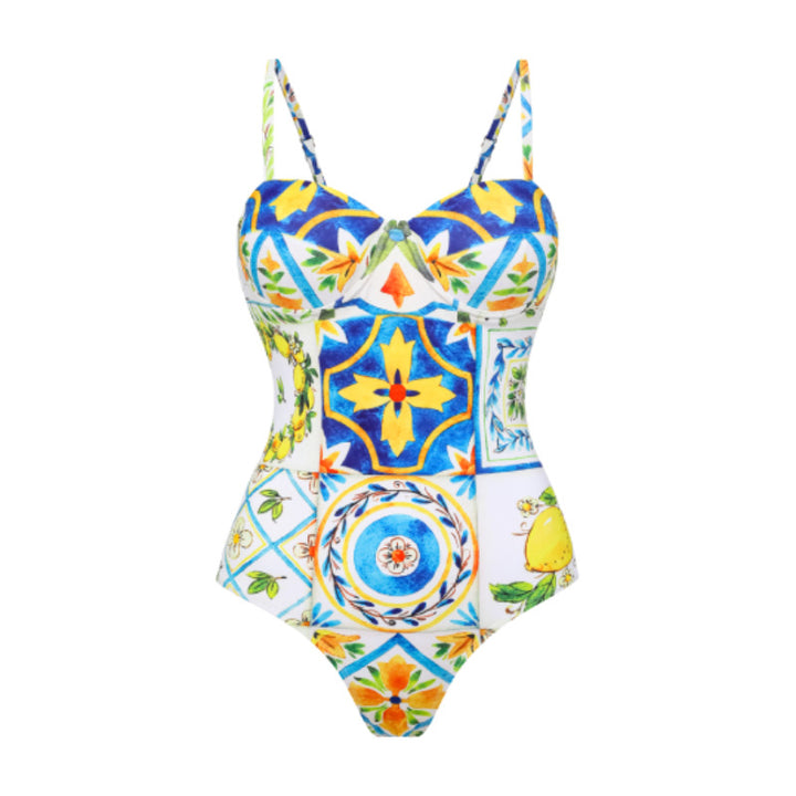Damen Einseitiger Rüschenschwimmanzug mit floralem Muster Echo Archiv